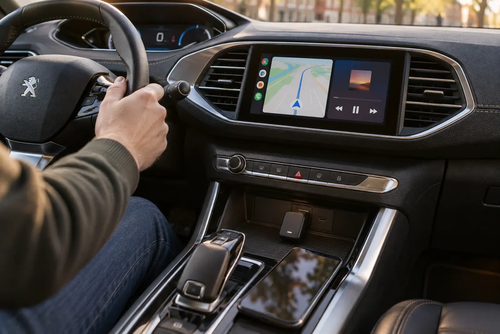 Draadloze Android Auto-adapter in de middenconsole van een Peugeot uit Dordrecht, met navigatie op het scherm en de telefoon ernaast
