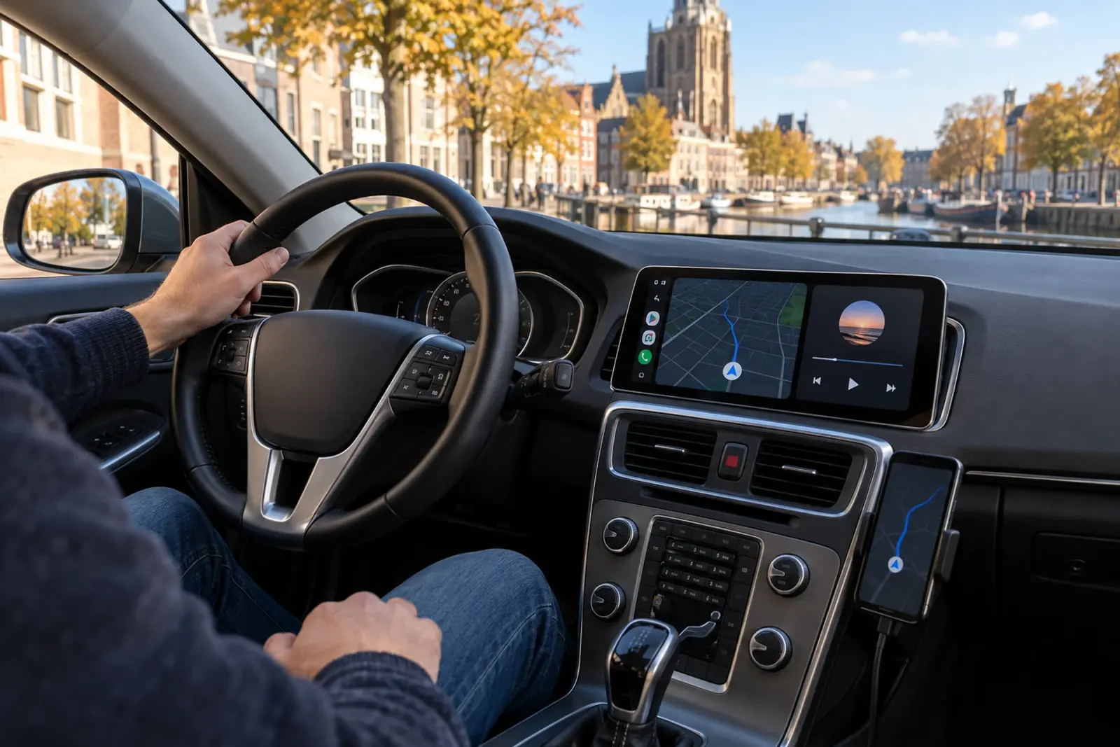 Android Auto bestellen Dordrecht: Google Maps op een breed ingebouwd scherm, met de Grote Kerk en de haven van Dordrecht door de voorruit