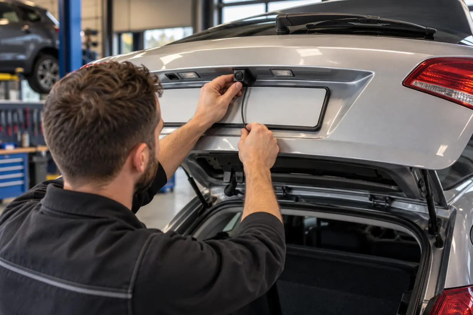 Monteur bevestigt een achteruitrijcamera tussen de kentekenplaatverlichting van een zilvergrijze hatchback uit Dordrecht, tegelijk met de nieuwe Android Auto-radio