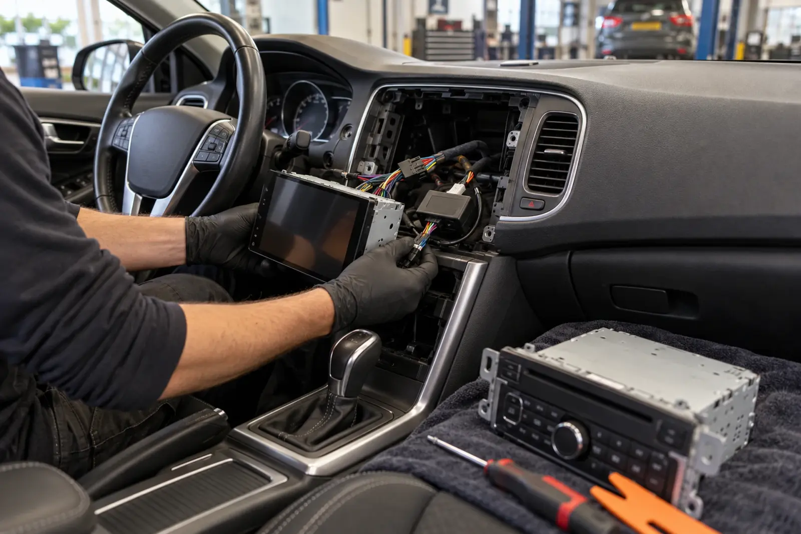 Android Auto radio inbouwen Dordrecht: monteur schuift een nieuwe 2-DIN autoradio in het dashboard terwijl de originele radio op de werkbank ligt
