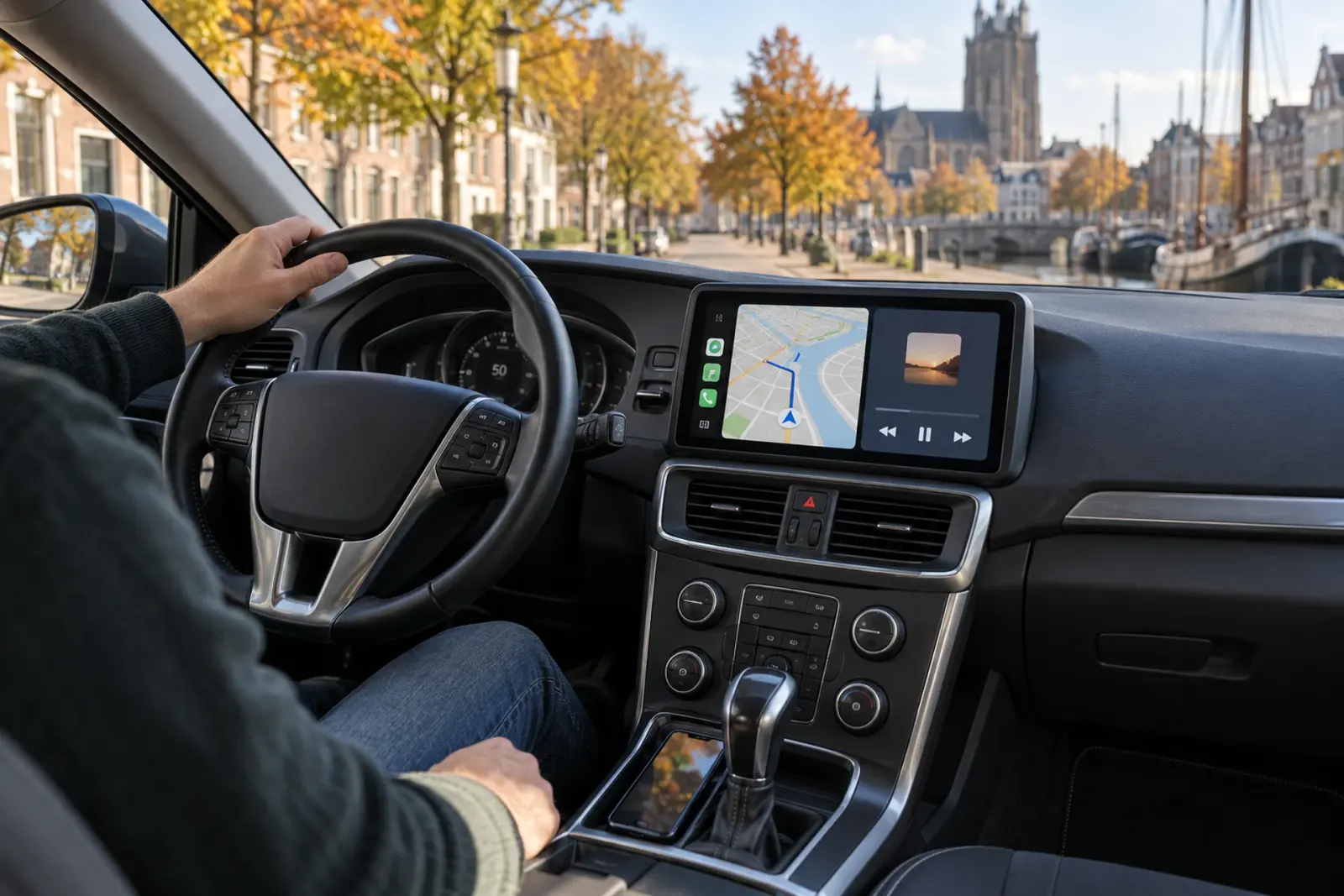 CarPlay bestellen Dordrecht: navigatie op een ingebouwd CarPlay-scherm, met de Grote Kerk en de historische haven van Dordrecht door de voorruit