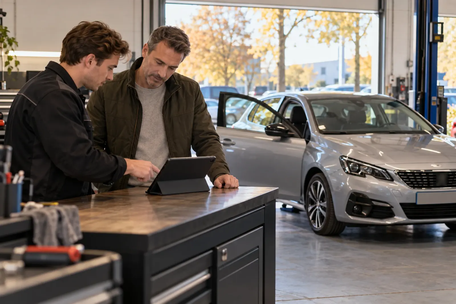Specialist van de inbouwpartner bespreekt de offerte op een tablet met een klant uit Dordrecht, met een zilvergrijze Peugeot in de werkplaats