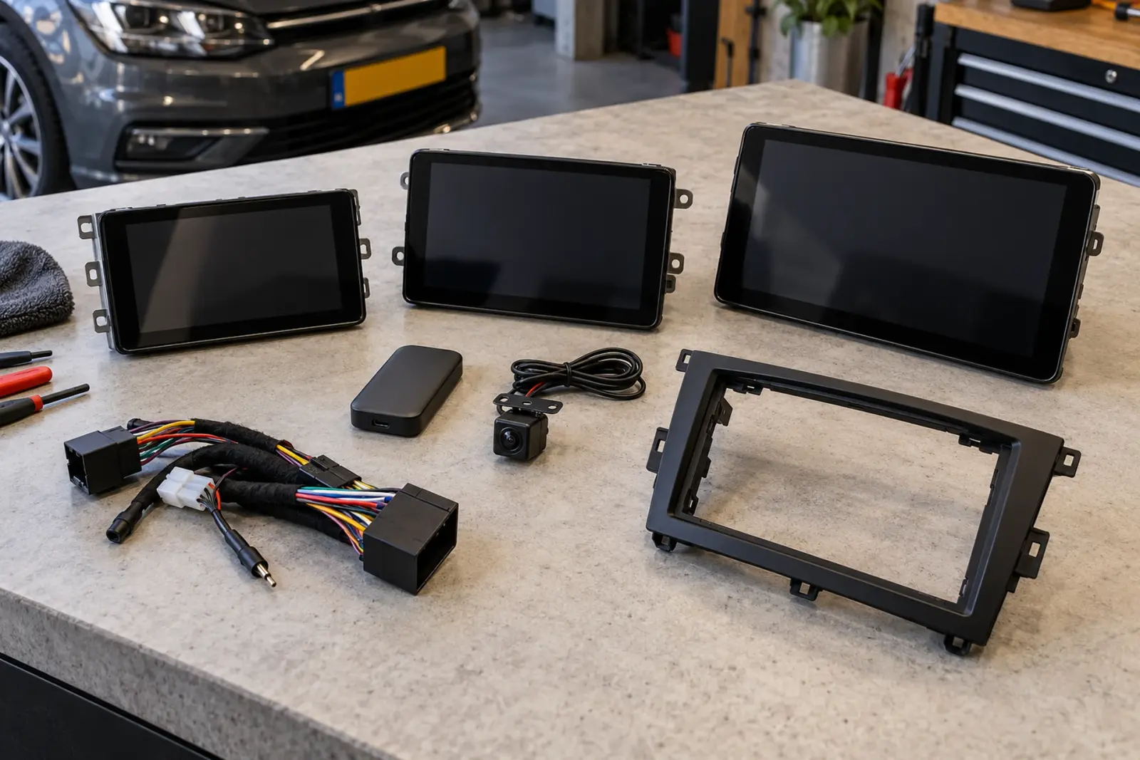CarPlay prijzen Dordrecht: drie touchscreens in verschillende maten, een adapter, een achteruitrijcamera, kabelbomen en een inbouwframe op de werkbank van de inbouwpartner