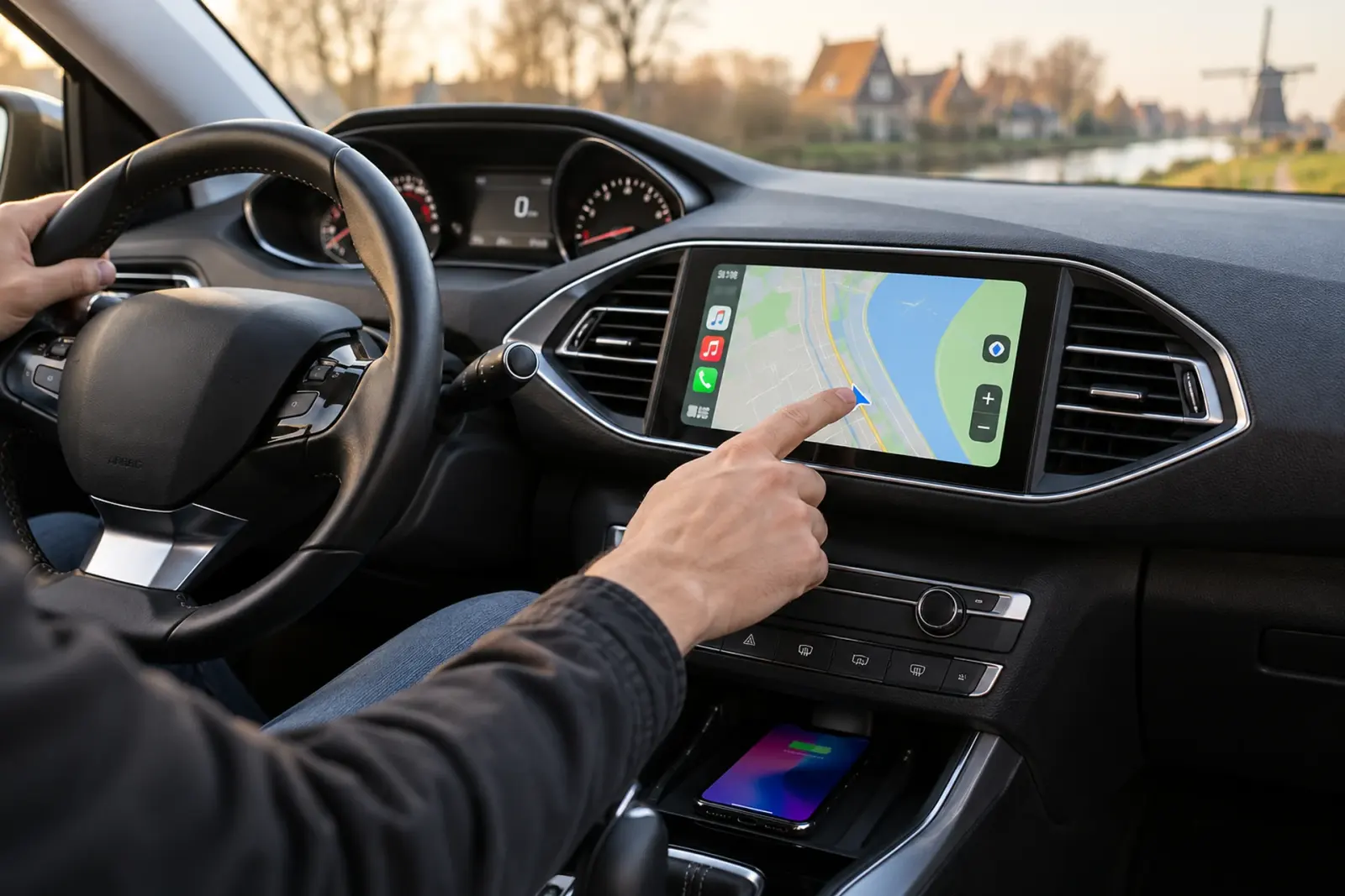 Bestuurder uit Dordrecht tikt een bestemming aan op een ingebouwd CarPlay-scherm, met een molen en dijkhuizen langs de weg