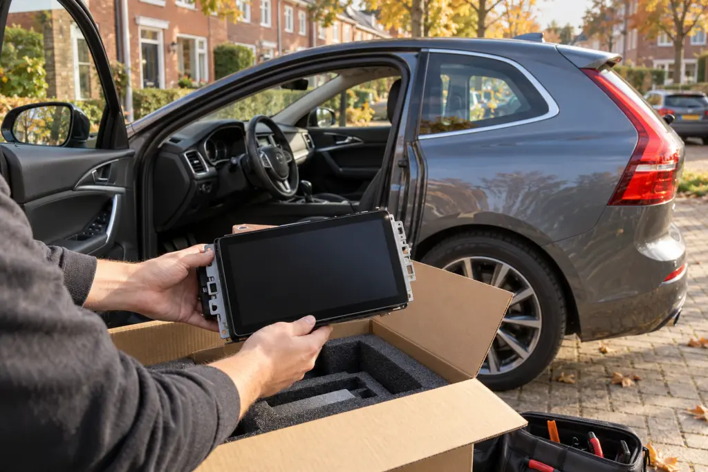 Nieuw 2-DIN touchscreen wordt uit de doos gehaald naast een grijze SUV in een woonstraat in Dordrecht