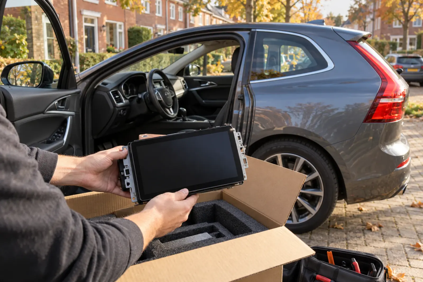 CarPlay scherm bestellen Dordrecht: een nieuw 2-DIN touchscreen wordt uitgepakt naast een grijze SUV in een woonstraat