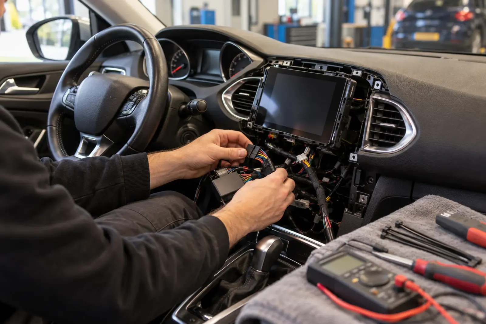 Monteur sluit de kabelboom en interface aan achter een CarPlay-touchscreen in een Peugeot, met multimeter en gereedschap binnen handbereik, voor een klant uit Dordrecht