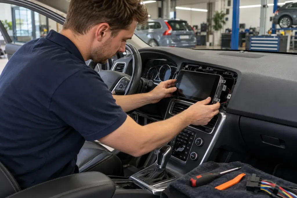 Monteur schuift een CarPlay-touchscreen in de dashboardopening van een stationwagen in de werkplaats van de inbouwpartner voor regio Dordrecht